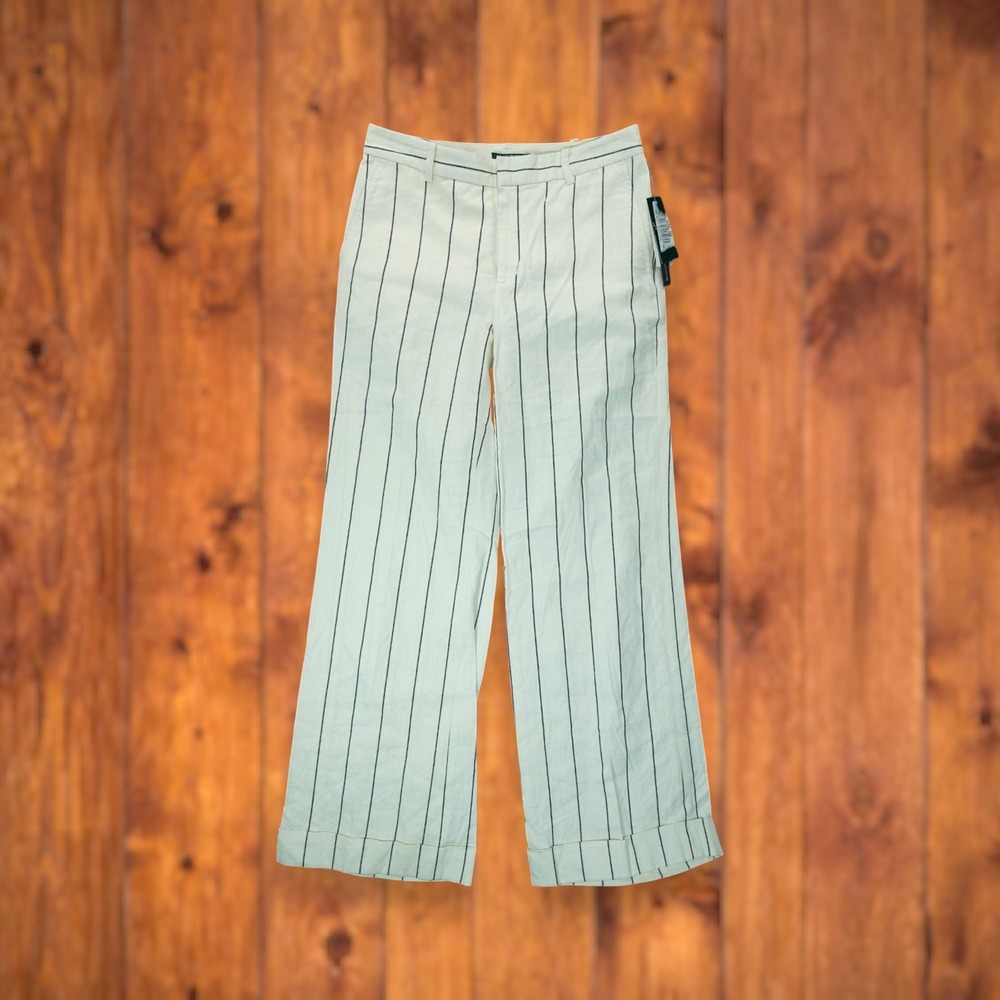 NWT Lauren Ralph Lauren Pants Women's Striped Wide Leg Ivory Pockets Size 4